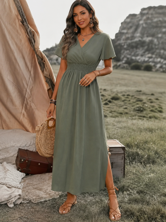 Women's Maxi Dress with V-neck, Wrap Front and Elasticated Waist with Side Split