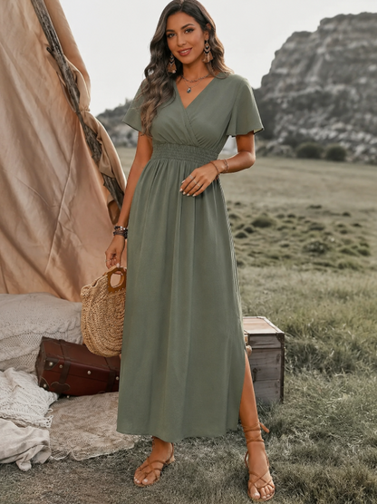 Women's Maxi Dress with V-neck, Wrap Front and Elasticated Waist with Side Split