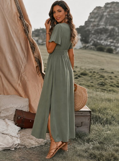 Women's Maxi Dress with V-neck, Wrap Front and Elasticated Waist with Side Split