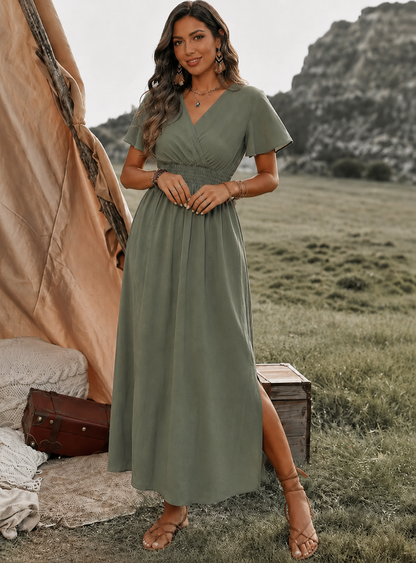 Women's Maxi Dress with V-neck, Wrap Front and Elasticated Waist with Side Split