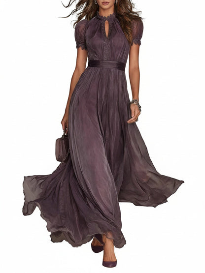 Women's Vintage Maxi Dress with Stand-Up Collar, Lace Details and Short Puff Sleeves