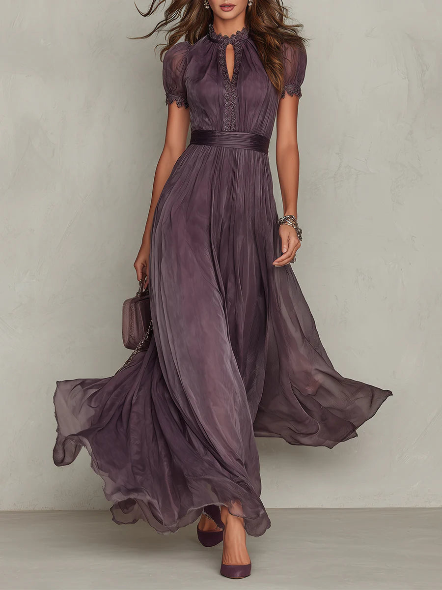 Women's Vintage Maxi Dress with Stand-Up Collar, Lace Details and Short Puff Sleeves