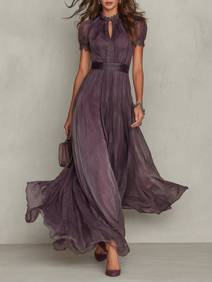 Women's Vintage Maxi Dress with Stand-Up Collar, Lace Details and Short Puff Sleeves