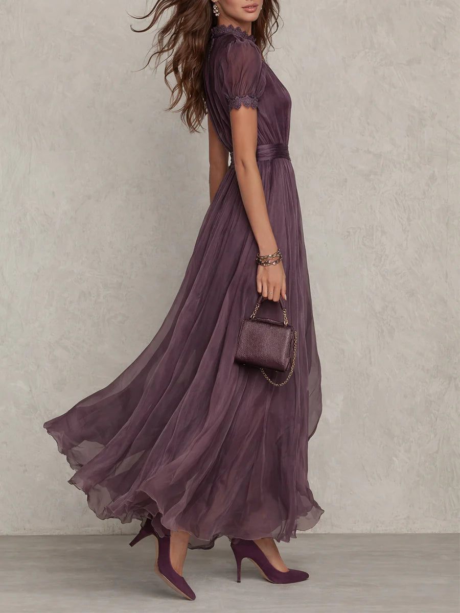 Women's Vintage Maxi Dress with Stand-Up Collar, Lace Details and Short Puff Sleeves