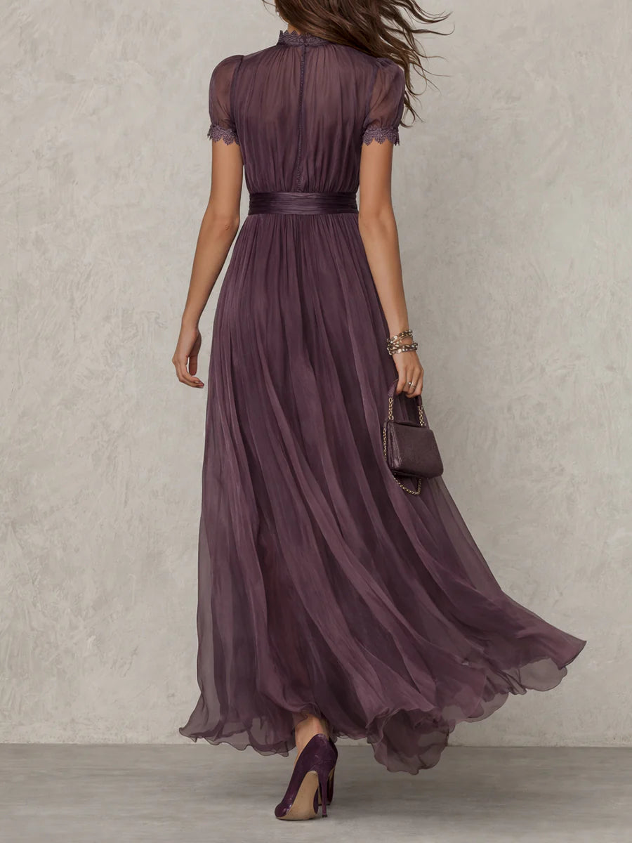 Women's Vintage Maxi Dress with Stand-Up Collar, Lace Details and Short Puff Sleeves