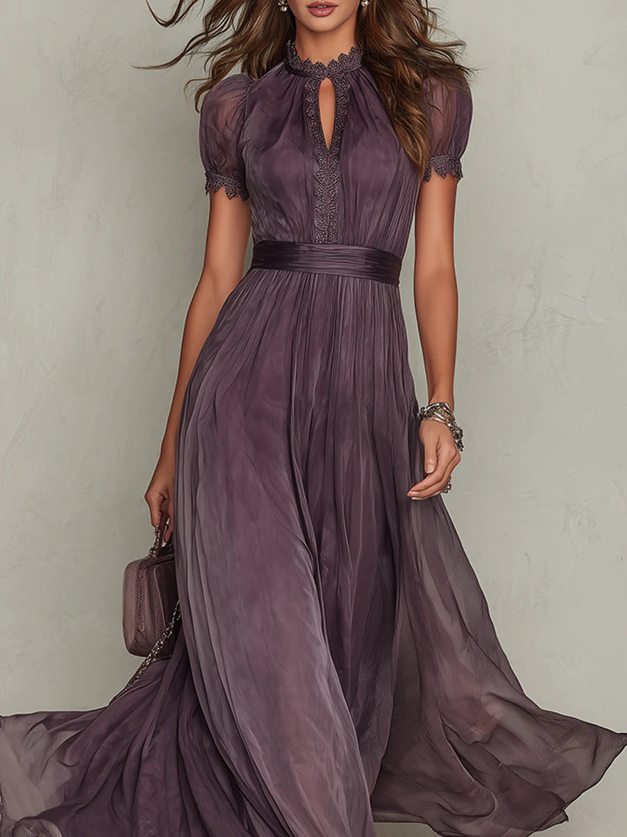 Women's Vintage Maxi Dress with Stand-Up Collar, Lace Details and Short Puff Sleeves