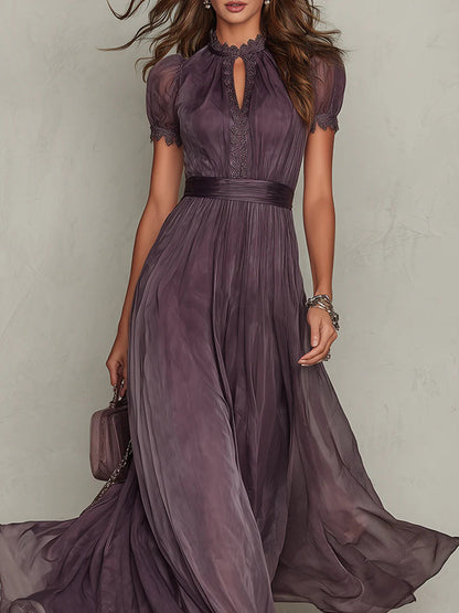Women's Vintage Maxi Dress with Stand-Up Collar, Lace Details and Short Puff Sleeves
