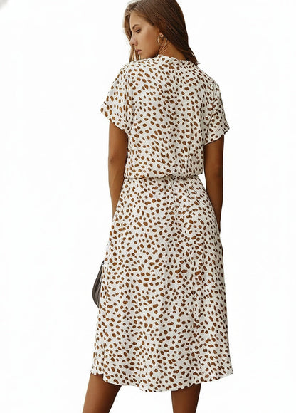 Women's Midi Dress Short Sleeves with V-Neck and Polka Dot Print