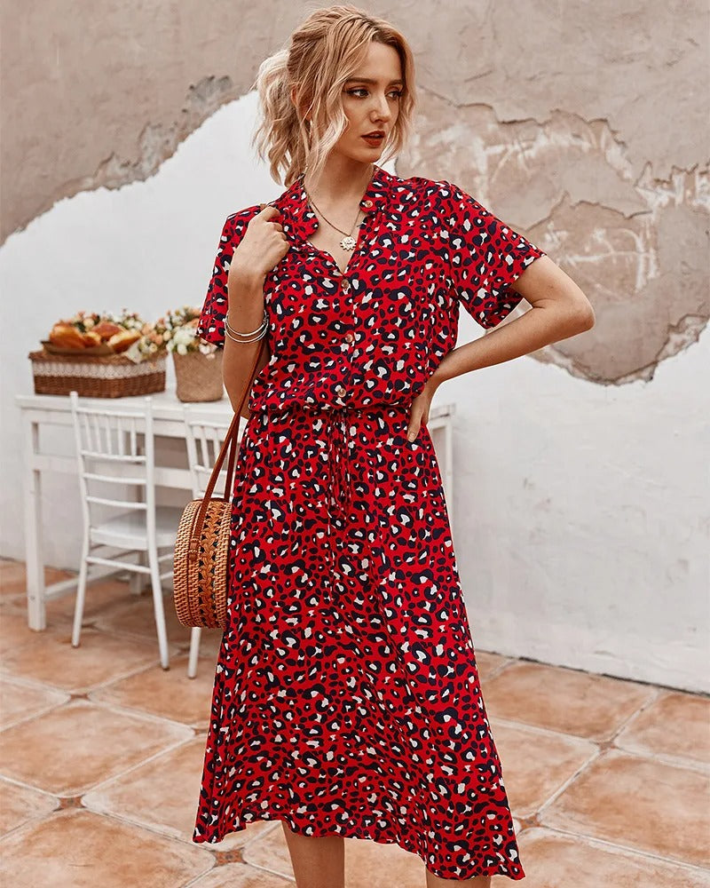 Women's Midi Dress Short Sleeves with V-Neck and Polka Dot Print