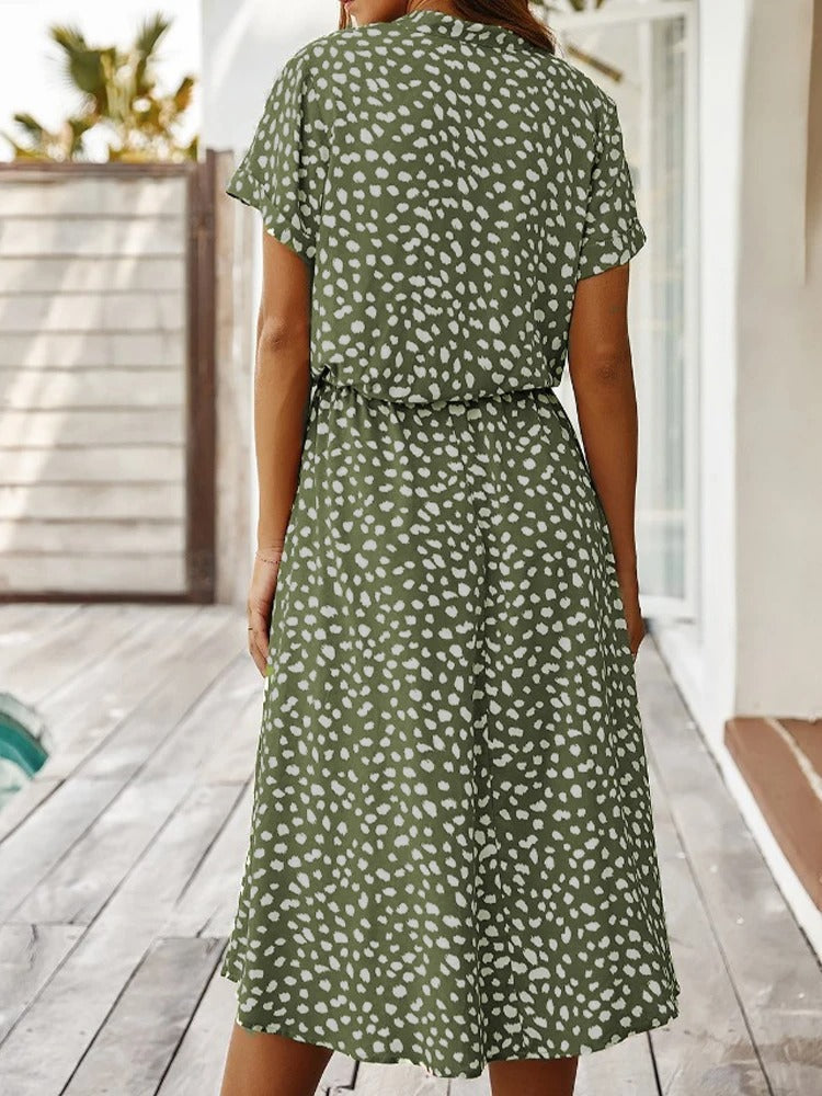 Women's Midi Dress Short Sleeves with V-Neck and Polka Dot Print
