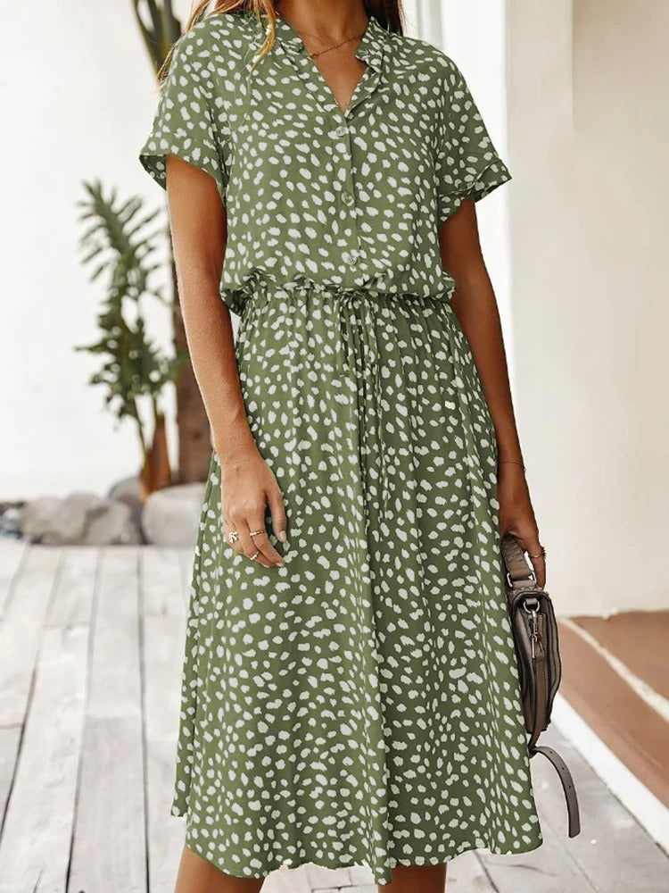 Women's Midi Dress Short Sleeves with V-Neck and Polka Dot Print
