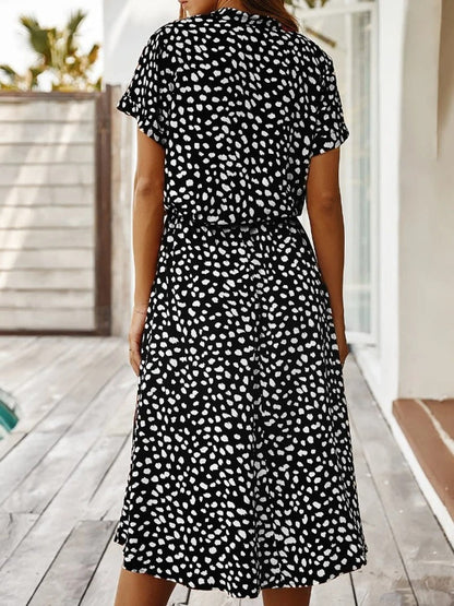 Women's Midi Dress Short Sleeves with V-Neck and Polka Dot Print