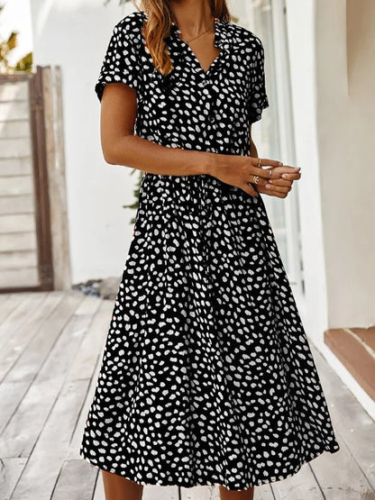 Women's Midi Dress Short Sleeves with V-Neck and Polka Dot Print