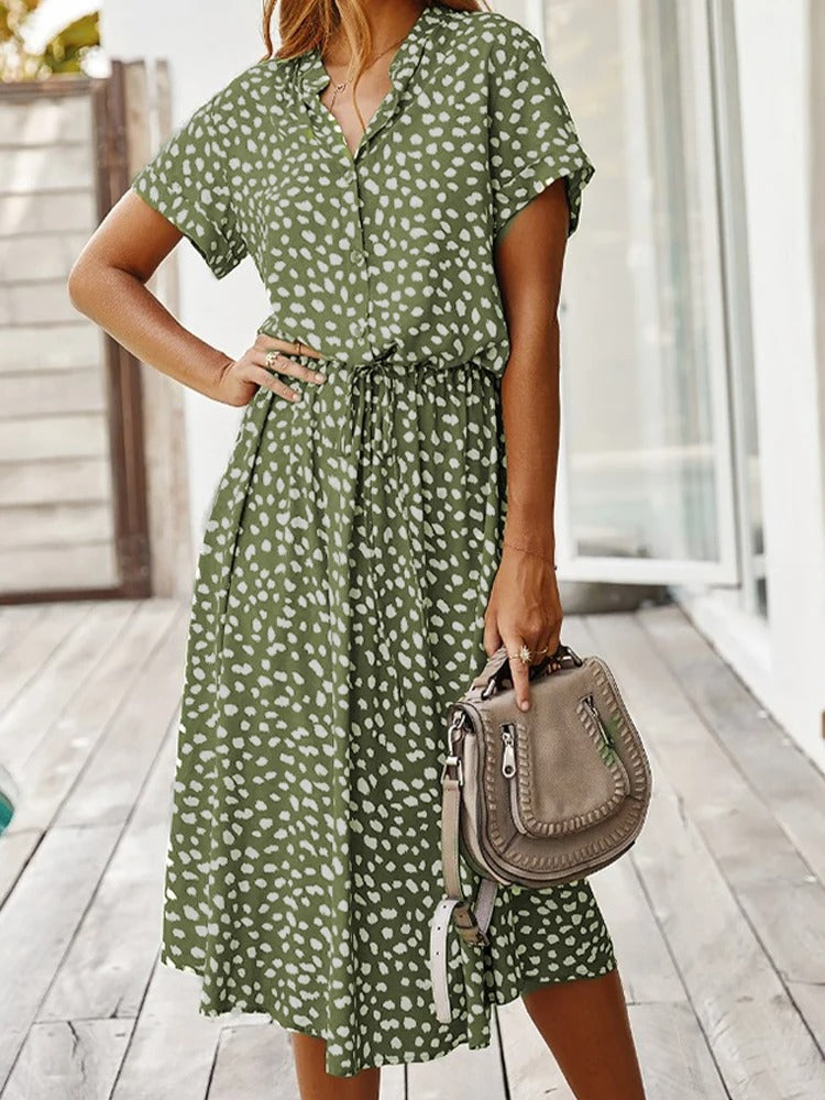 Women's Midi Dress Short Sleeves with V-Neck and Polka Dot Print