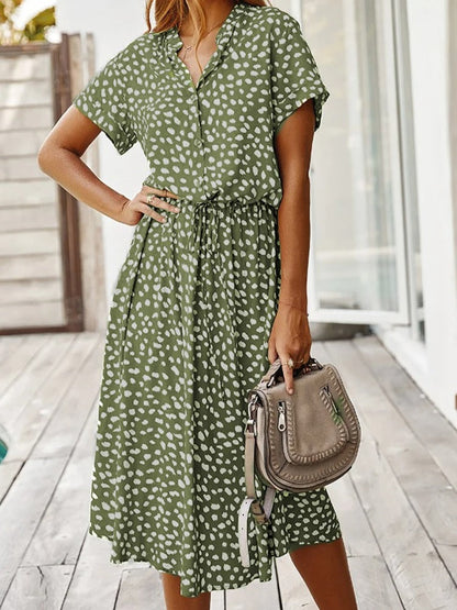 Women's Midi Dress Short Sleeves with V-Neck and Polka Dot Print