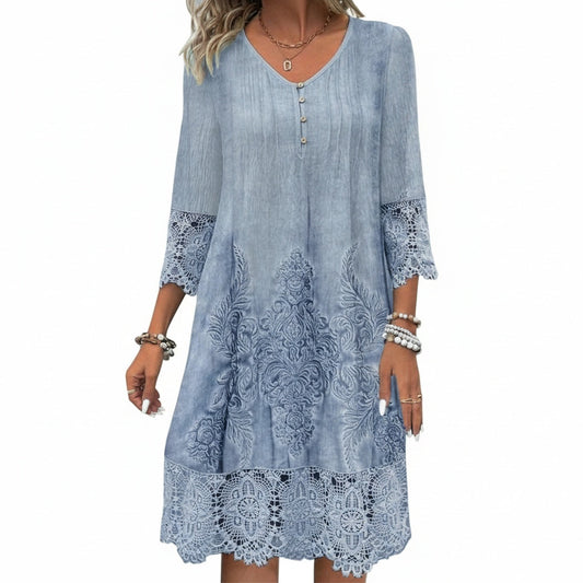 Women's Midi Dress with Three-Quarter Sleeves, V-Neck and Lace Boho Print
