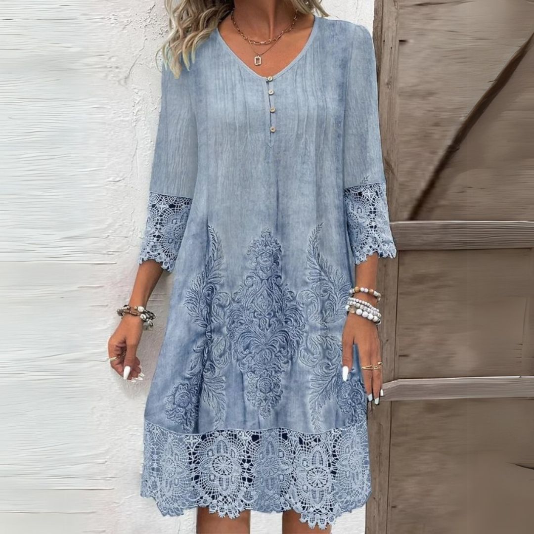 Women's Midi Dress with Three-Quarter Sleeves, V-Neck and Lace Boho Print