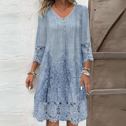 Women's Midi Dress with Three-Quarter Sleeves, V-Neck and Lace Boho Print