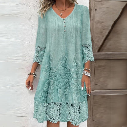 Women's Midi Dress with Three-Quarter Sleeves, V-Neck and Lace Boho Print