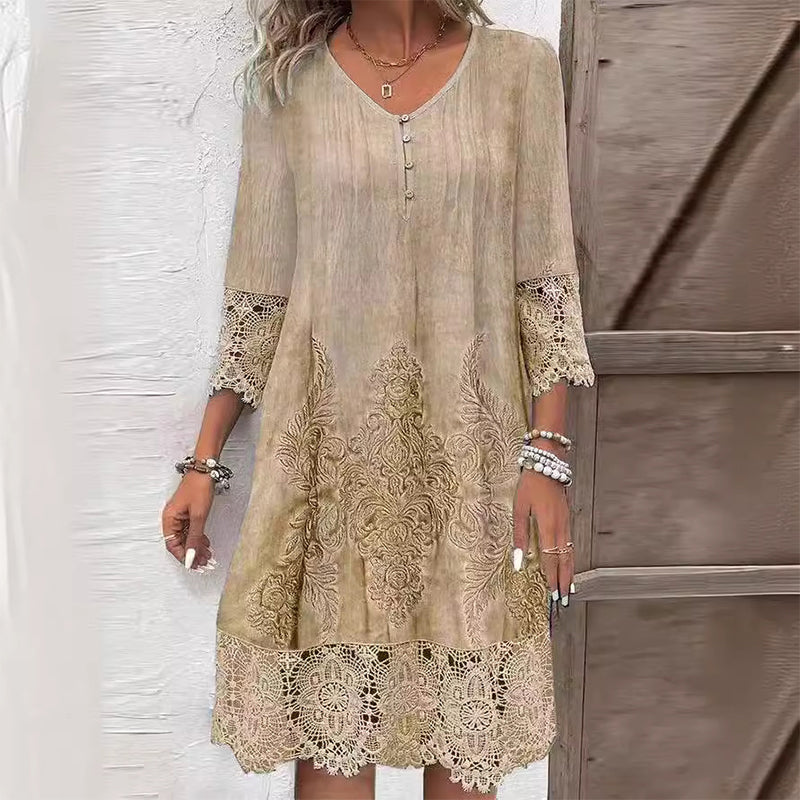 Women's Midi Dress with Three-Quarter Sleeves, V-Neck and Lace Boho Print