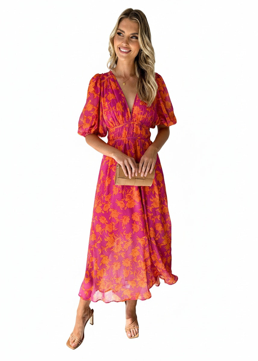 Women's Midi Dress with V-neck, Puff Sleeves and Floral Print