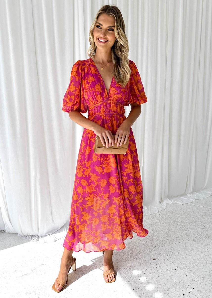 Women's Midi Dress with V-neck, Puff Sleeves and Floral Print