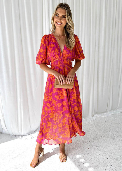 Women's Midi Dress with V-neck, Puff Sleeves and Floral Print