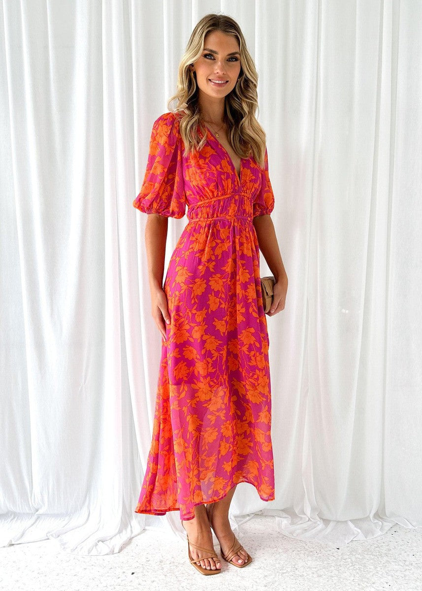 Women's Midi Dress with V-neck, Puff Sleeves and Floral Print