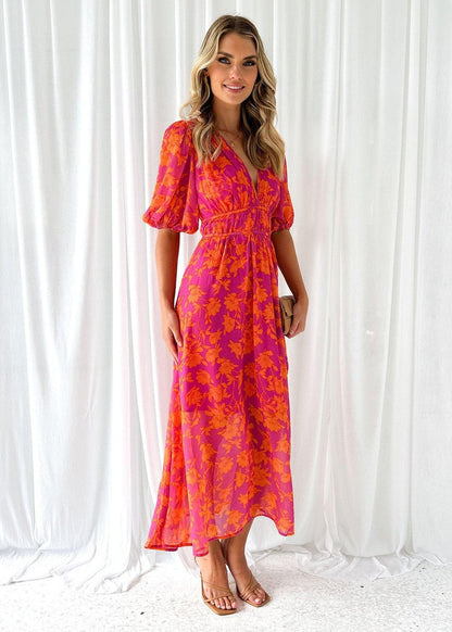 Women's Midi Dress with V-neck, Puff Sleeves and Floral Print