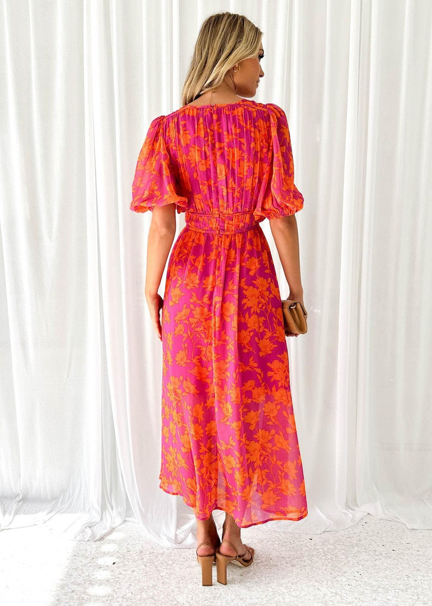 Women's Midi Dress with V-neck, Puff Sleeves and Floral Print