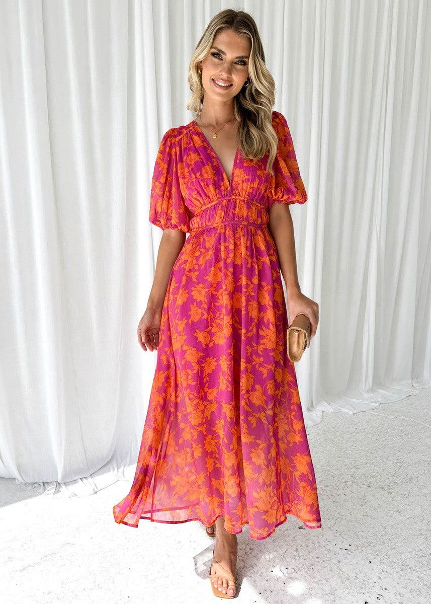 Women's Midi Dress with V-neck, Puff Sleeves and Floral Print