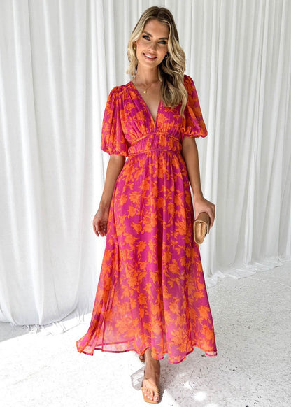 Women's Midi Dress with V-neck, Puff Sleeves and Floral Print