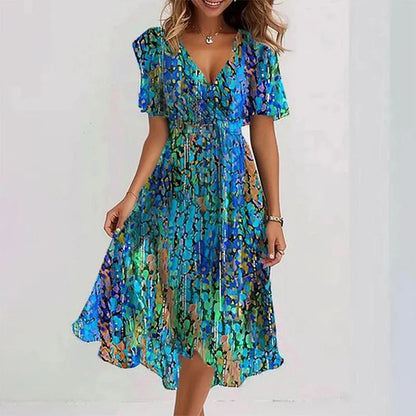 Women's Midi Dress with V-neck, Butterfly Sleeves and Floral Print