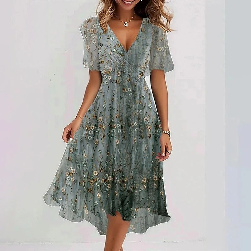 Women's Midi Dress with V-neck, Butterfly Sleeves and Floral Print