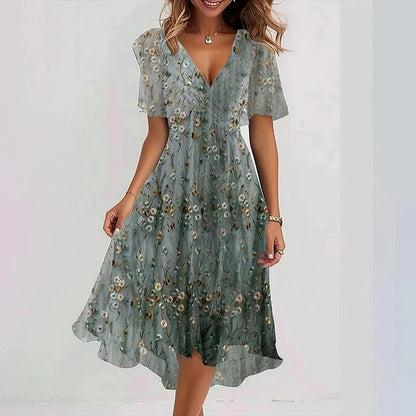 Women's Midi Dress with V-neck, Butterfly Sleeves and Floral Print