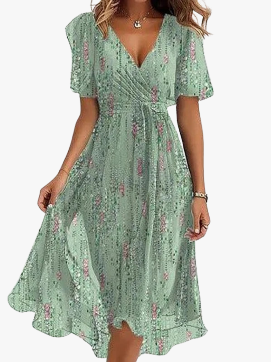 Women's Midi Dress with V-neck, Butterfly Sleeves and Floral Print