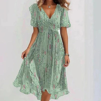 Women's Midi Dress with V-neck, Butterfly Sleeves and Floral Print
