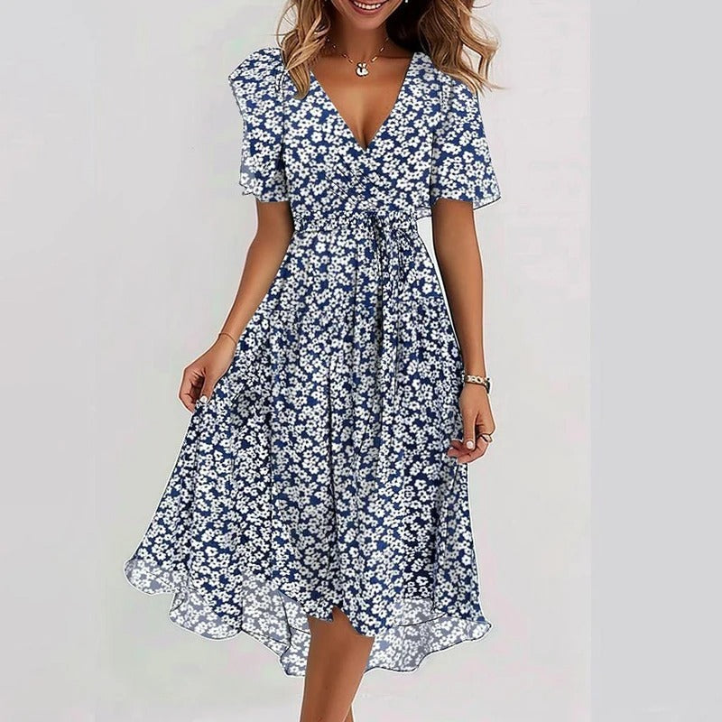 Women's Midi Dress with V-neck, Butterfly Sleeves and Floral Print