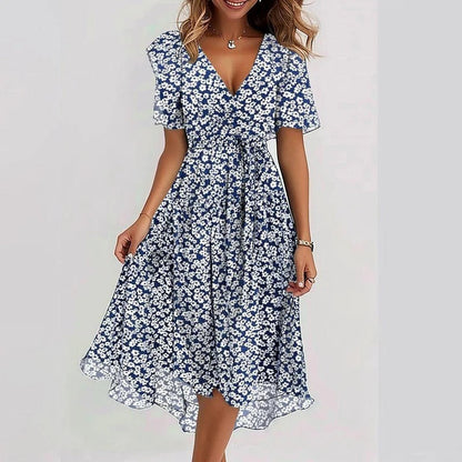 Women's Midi Dress with V-neck, Butterfly Sleeves and Floral Print