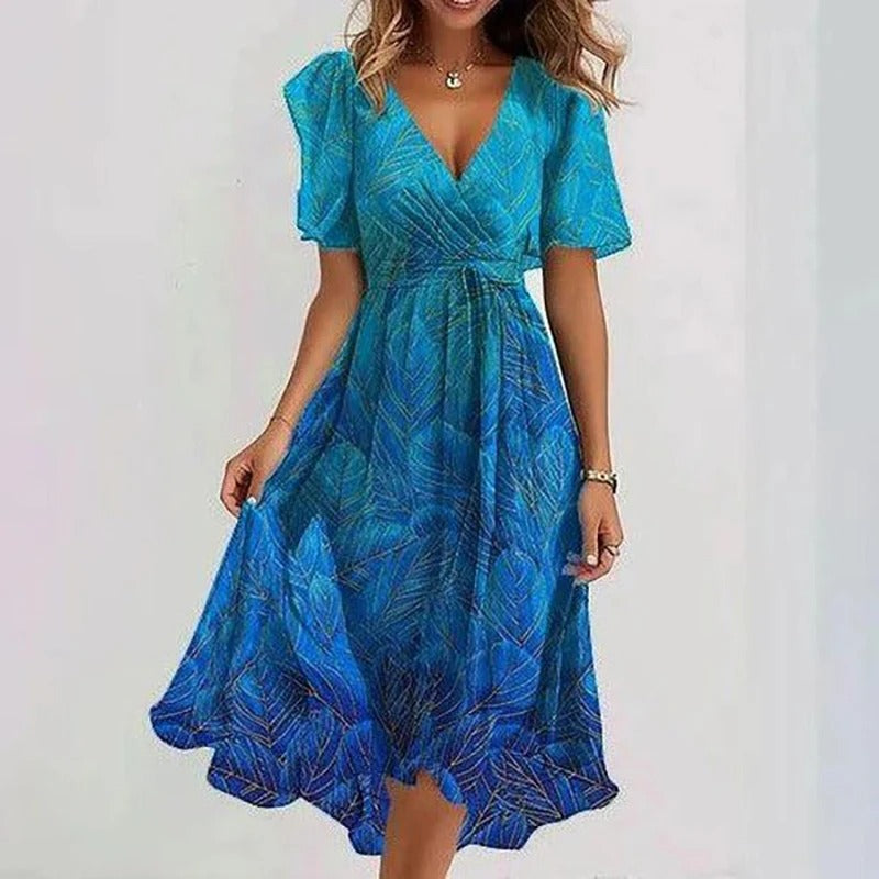 Women's Midi Dress with V-neck, Butterfly Sleeves and Floral Print