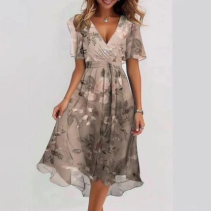 Women's Midi Dress with V-neck, Butterfly Sleeves and Floral Print