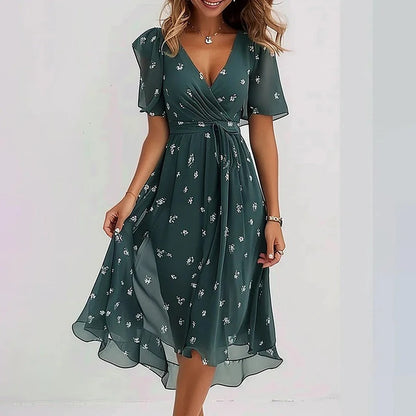 Women's Midi Dress with V-neck, Butterfly Sleeves and Floral Print