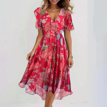 Women's Midi Dress with V-neck, Butterfly Sleeves and Floral Print