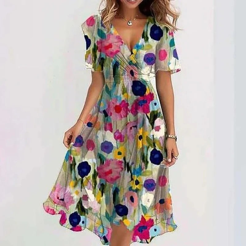 Women's Midi Dress with V-neck, Butterfly Sleeves and Floral Print