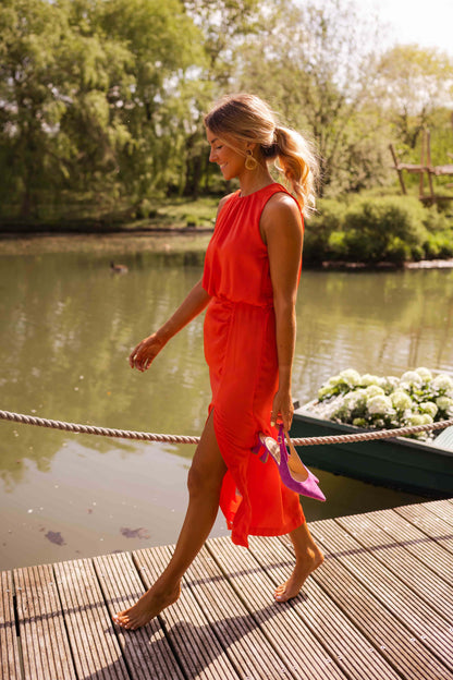 Women's Midi Dress Sleeveless with Neck Collar and Leg Slip