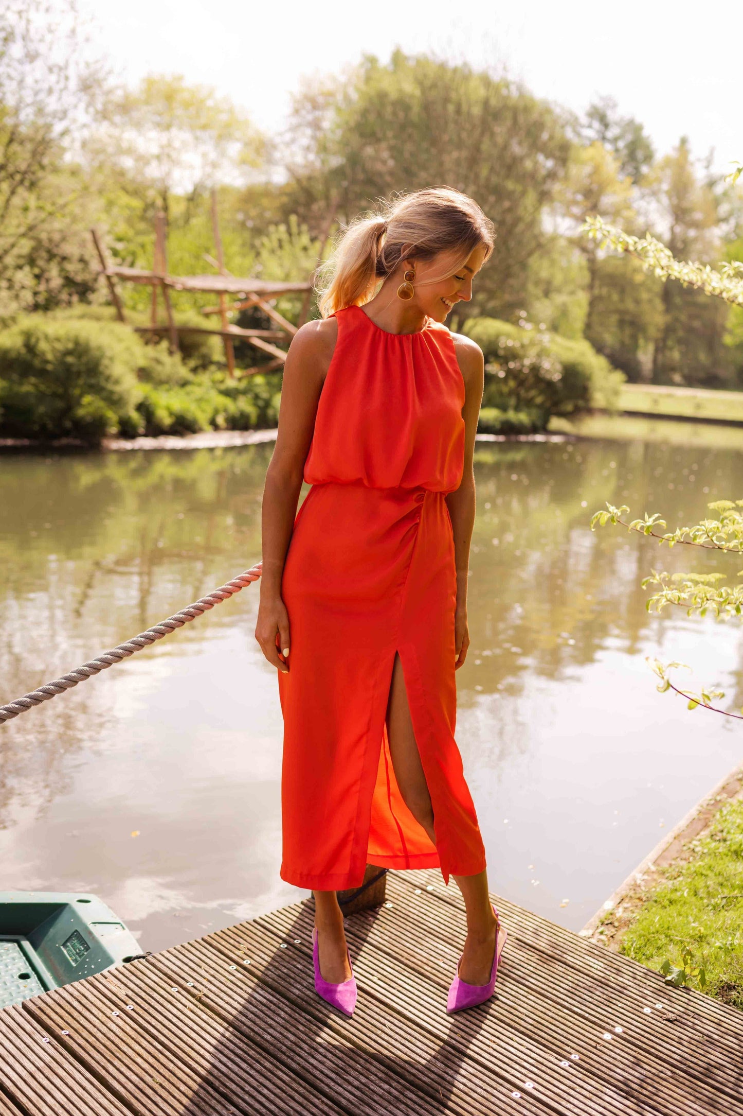 Women's Midi Dress Sleeveless with Neck Collar and Leg Slip