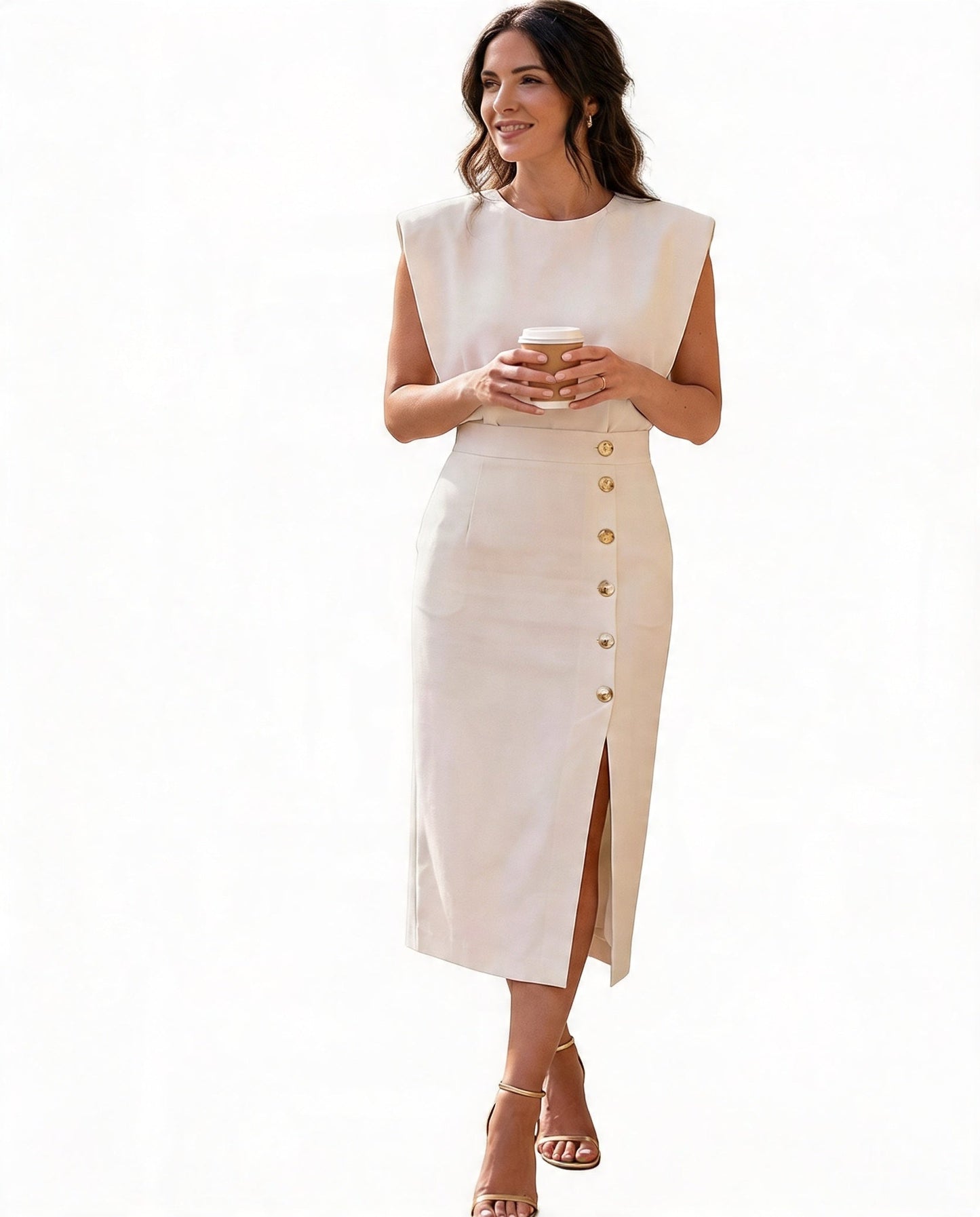 Women's Midi Dress Sleeveless with Round Neck, Gold Buttons and Slit