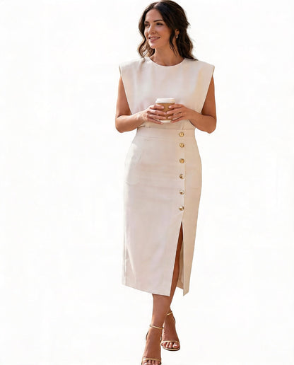 Women's Midi Dress Sleeveless with Round Neck, Gold Buttons and Slit