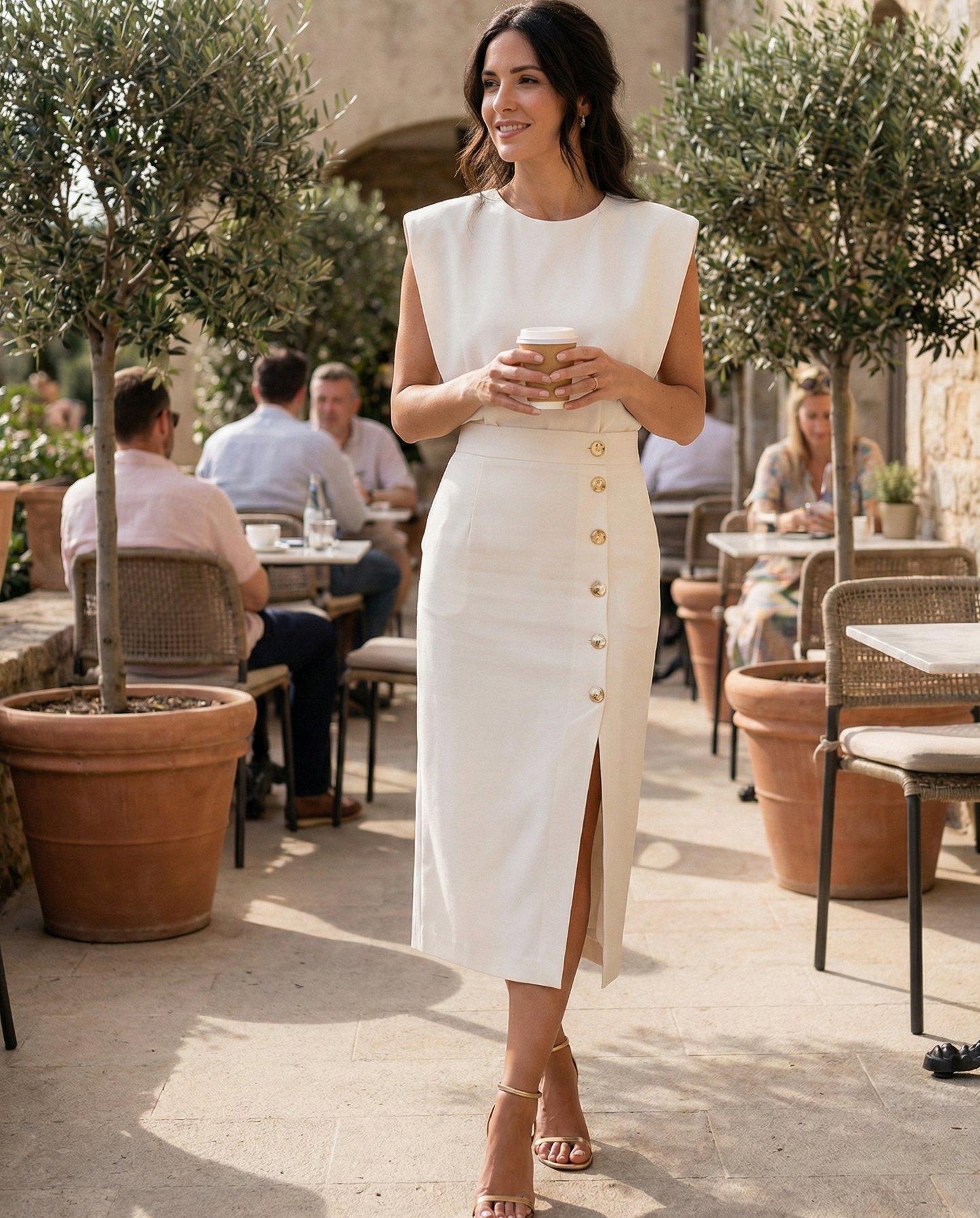 Women's Midi Dress Sleeveless with Round Neck, Gold Buttons and Slit