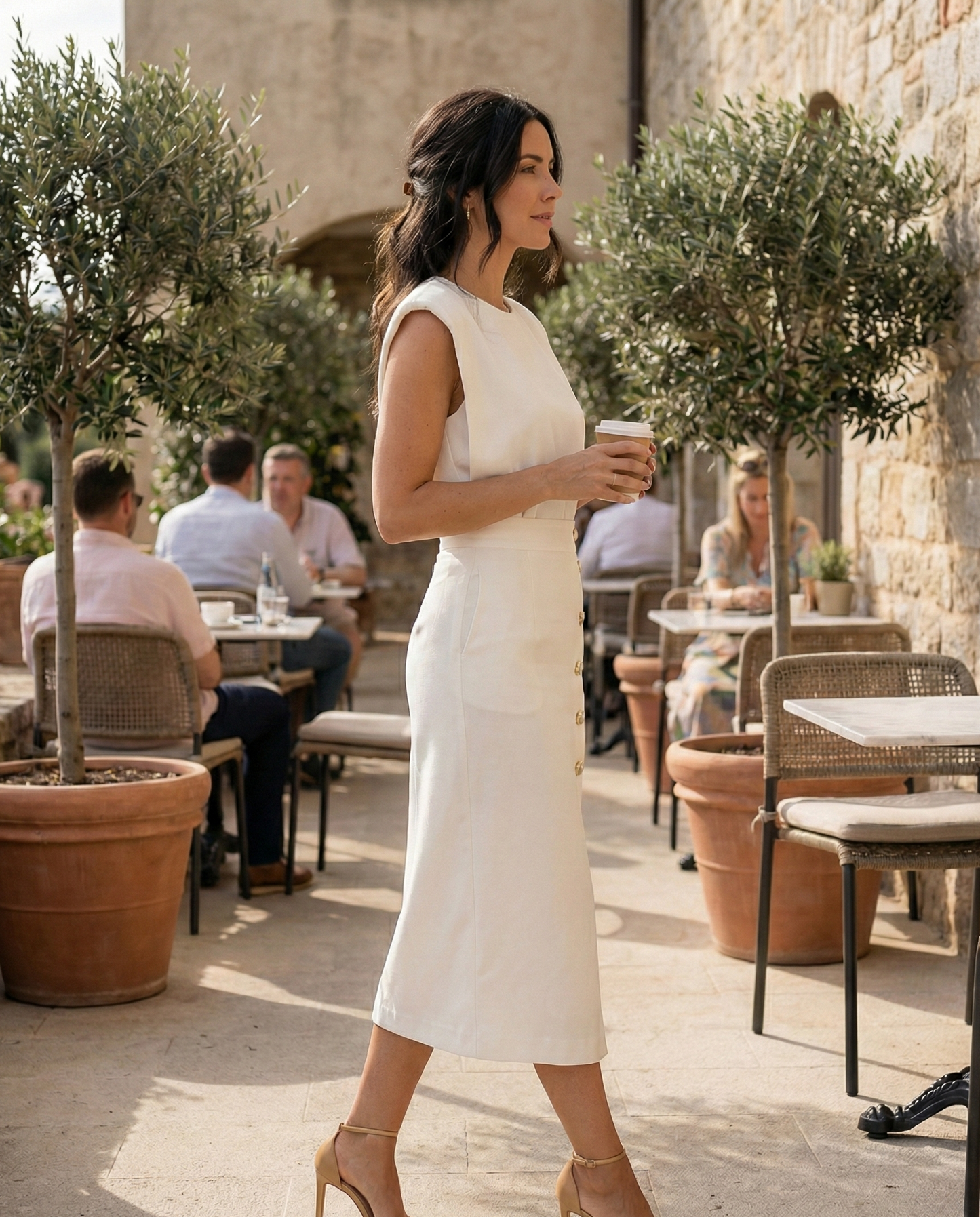 Women's Midi Dress Sleeveless with Round Neck, Gold Buttons and Slit